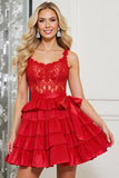 Red Satin A Line Appliqued Corset Short Homecoming Dress with Bow
