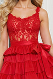 Red Satin A Line Appliqued Corset Short Homecoming Dress with Bow