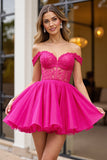 Fuchsia Corset A Line Tulle Off the Shoulder Short Homecoming Dress