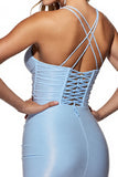 Light Blue Satin Halter Bodycon Short Homecoming Dress with Fringes