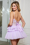 Lilac Tulle A Line Corset Spaghetti Straps Short Homecoming Dress with Appliques