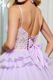 Lilac Tulle A Line Corset Spaghetti Straps Short Homecoming Dress with Appliques