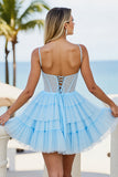 Light Blue Tulle A Line Tiered Short Corset Homecoming Dress