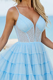 Light Blue Tulle A Line Tiered Short Corset Homecoming Dress