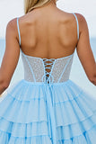 Light Blue Tulle A Line Tiered Short Corset Homecoming Dress