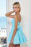 Blue A Line Ruched Homecoming Dress With Bow
