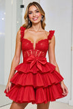 Red Tiered Corset Homecoming Dress With Removable Bow