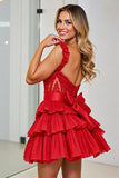 Red Tiered Corset Homecoming Dress With Removable Bow