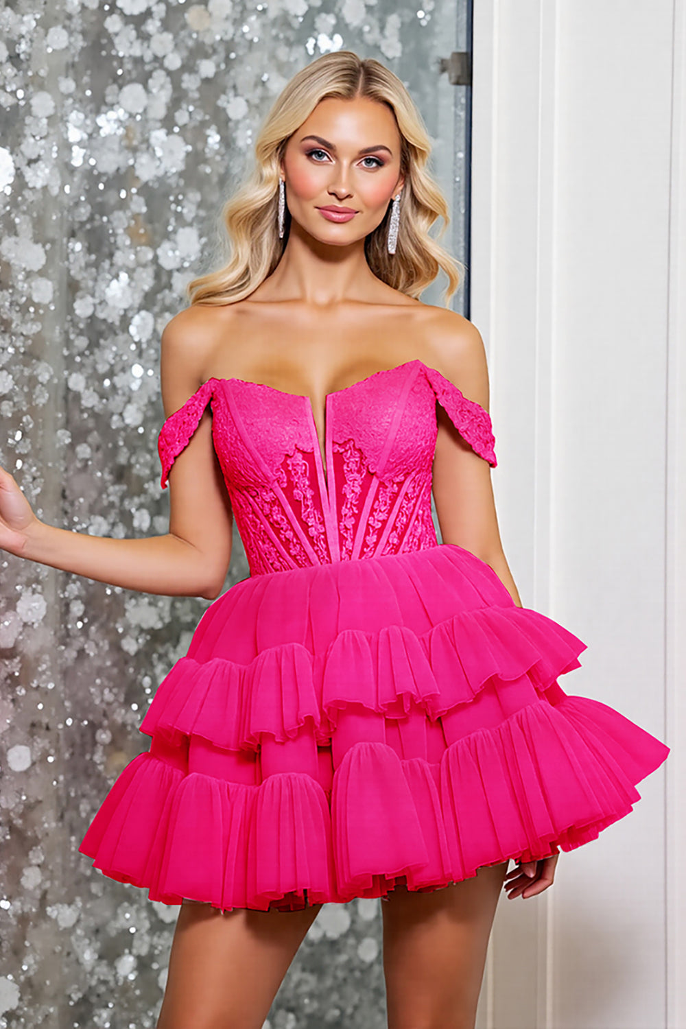 A Line Off The Shoulder Fuchsia Tiered Mini Homecoming Dress