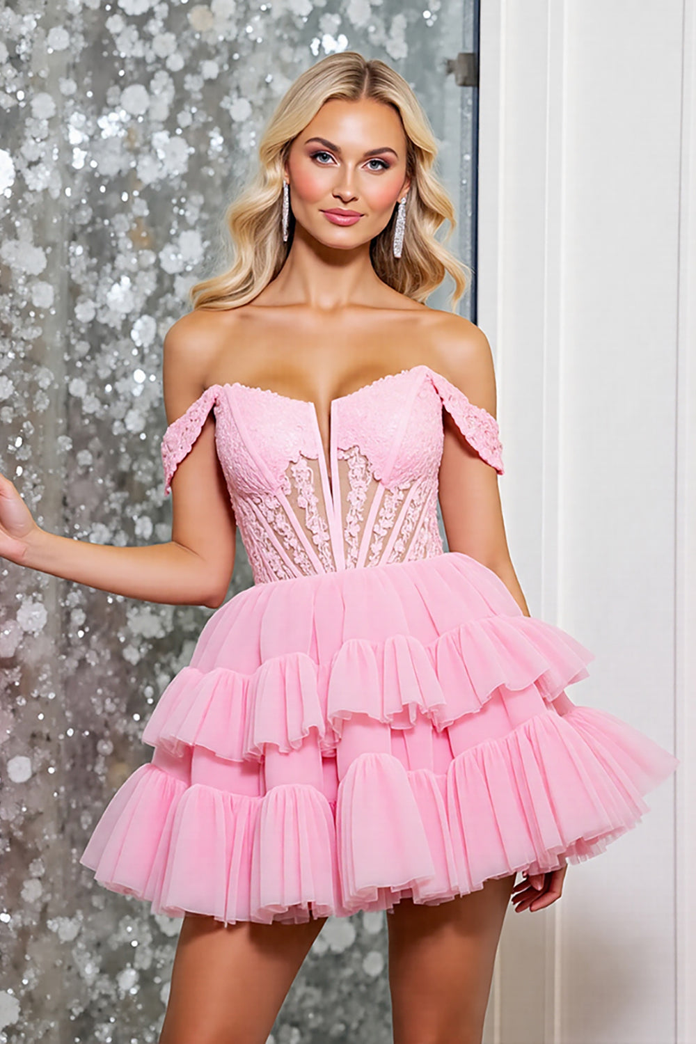 A Line Off The Shoulder Fuchsia Tiered Mini Homecoming Dress