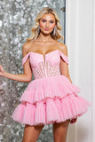 A Line Off The Shoulder Fuchsia Tiered Mini Homecoming Dress