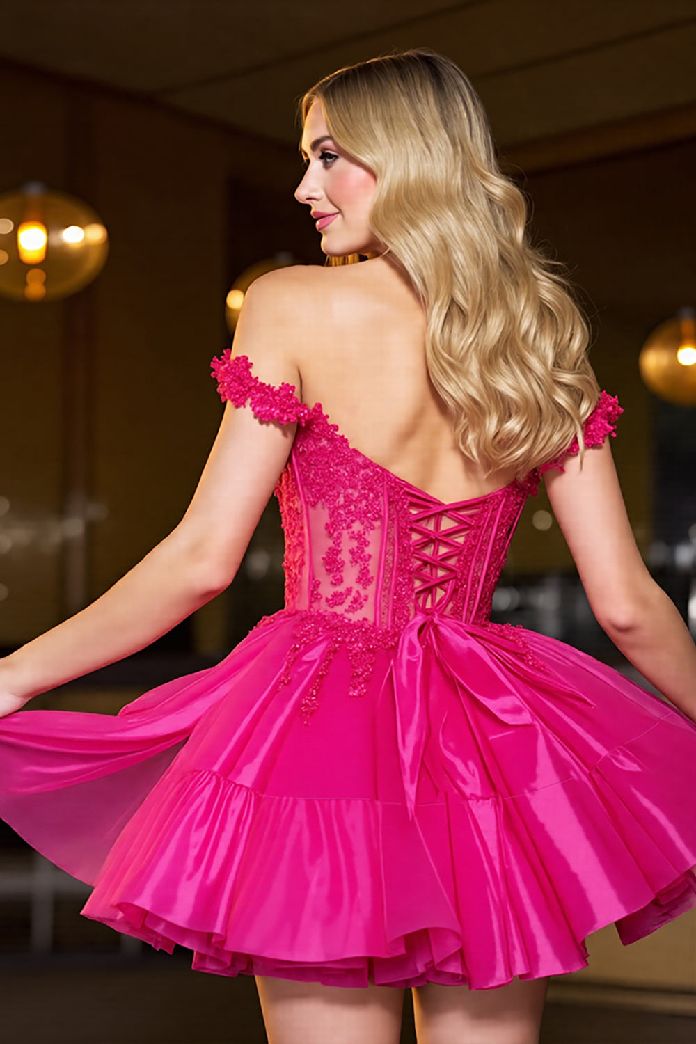 Off The Shoulder A-Line Corset Appliques Fuchsia Homecoming Dress