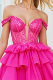 Off The Shoulder Beaded Corset Fuchsia Homecoming Dress