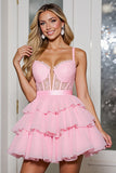 Pink Chiffon Tiered Corset Short Homecoming Dress with Ruffles