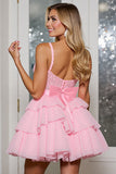 Pink Chiffon Tiered Corset Short Homecoming Dress with Ruffles
