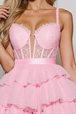 Pink Chiffon Tiered Corset Short Homecoming Dress with Ruffles