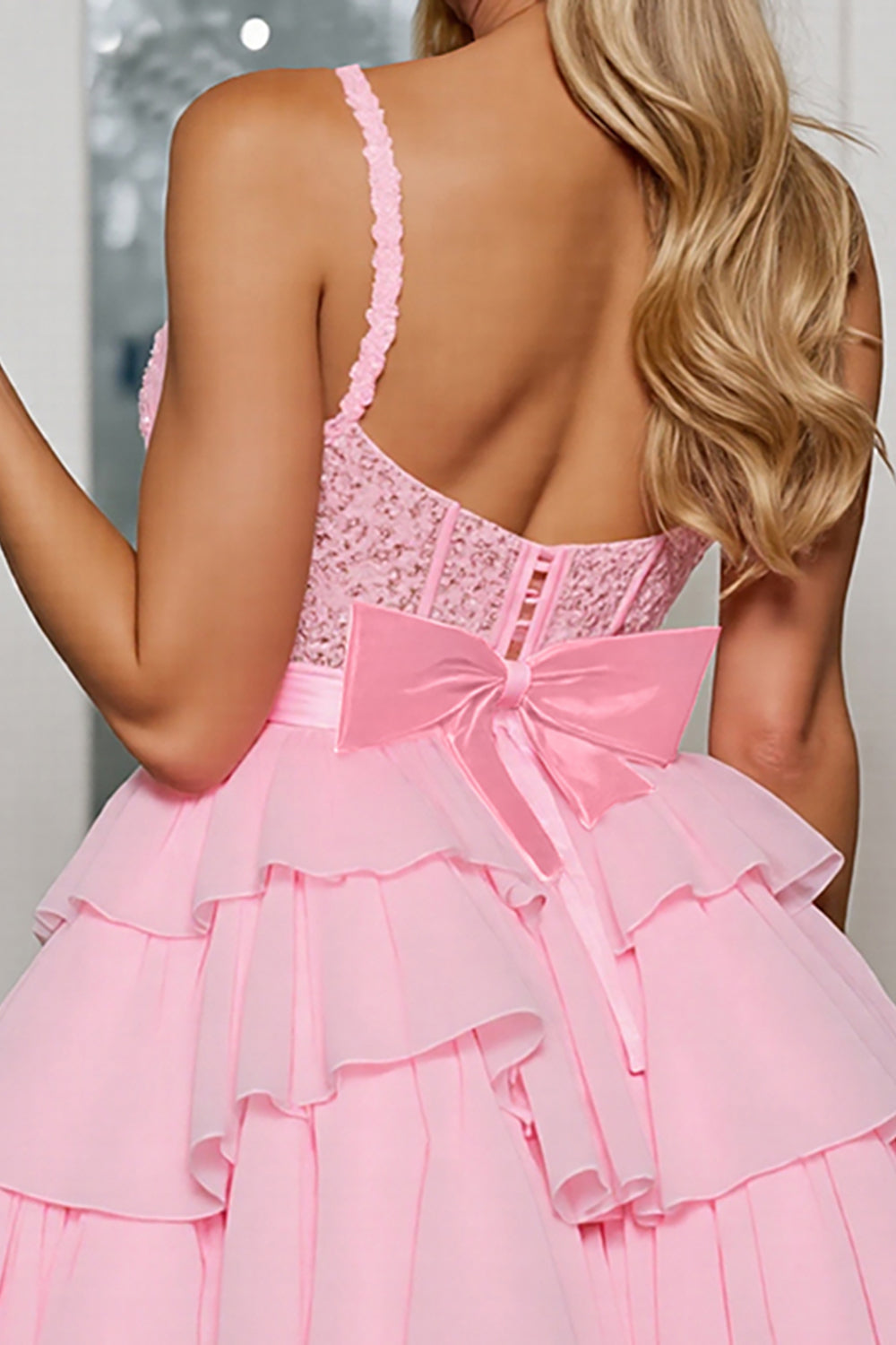 Pink Chiffon Tiered Corset Short Homecoming Dress with Ruffles
