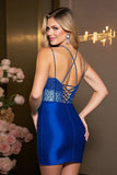 Sparkly Royal Blue Satin Bodycon Short Homecoming Dress with Keyhole