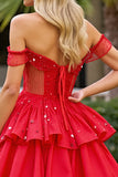 Sparkly Red Beaded Corset Short Homecoming Dress with Ruffles