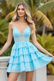 Light Blue Chiffon Corset Tiered Keyhole Short Homecoming Dress