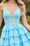 Light Blue Chiffon Corset Tiered Keyhole Short Homecoming Dress