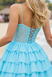 Light Blue Chiffon Corset Tiered Keyhole Short Homecoming Dress