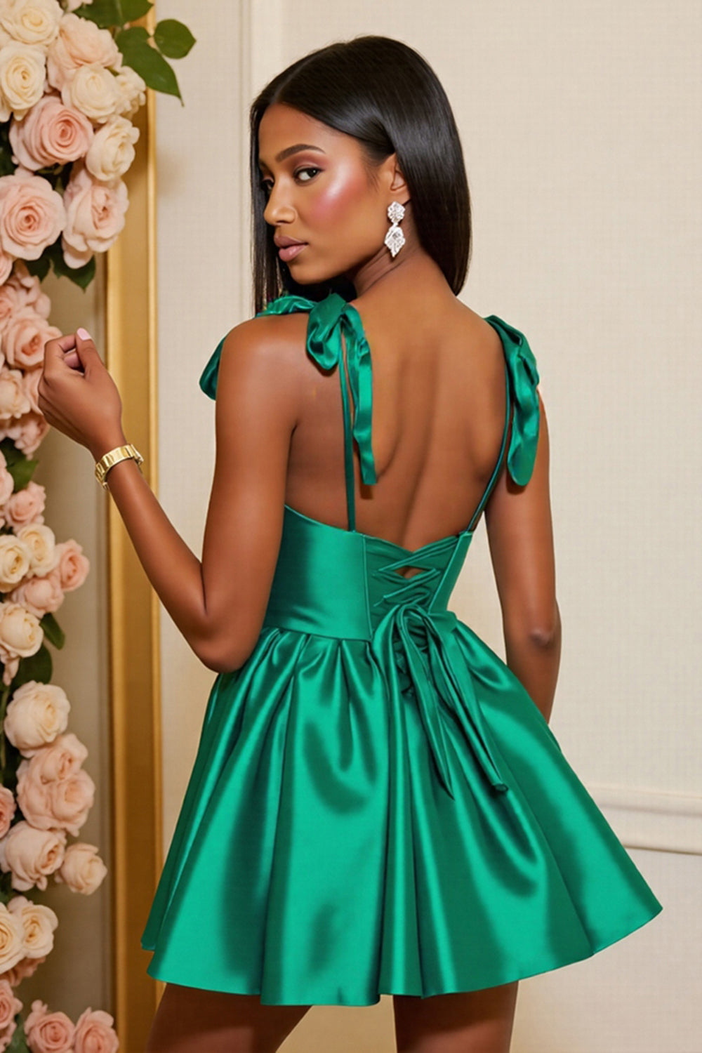 Dark Green Satin Corset A Line Short Homecoming Dress with Bows