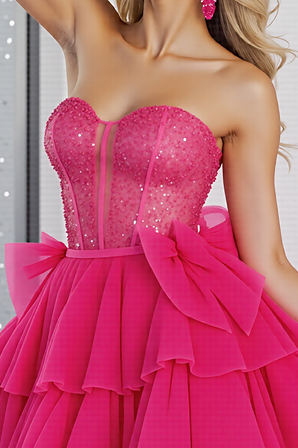 Sparkly Fuchsia Sequin Corset Sweetheart Short Homecoming Dress with Bows
