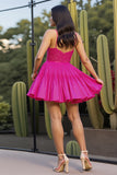 Fuchsia Corset Deep V-Neck Short Homecoming Dress with Appliques