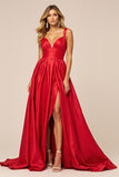 Red A Line Spaghetti Straps Prom Dress With Slit