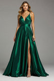 A Line Ruched Long Dark Green Prom Dress