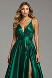 A Line Ruched Long Dark Green Prom Dress