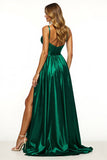 A Line Dark Green V Neck Long Prom Dress