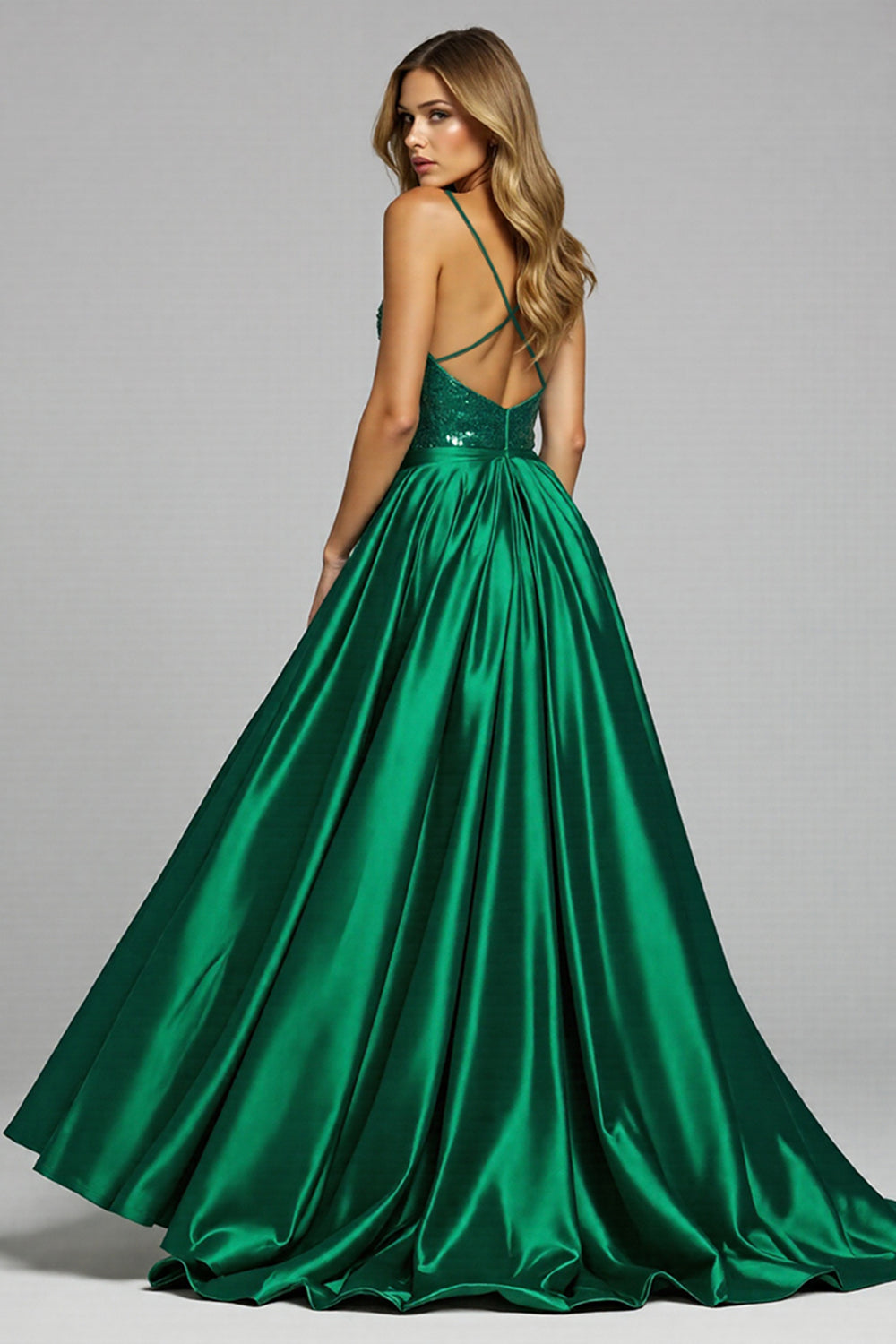 A Line Sequined V Neck Long Prom Dress With Slit