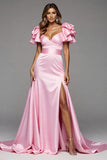 A Line Ruffle Sleeve Long Prom Dress With Slit