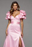 A Line Ruffle Sleeve Long Prom Dress With Slit