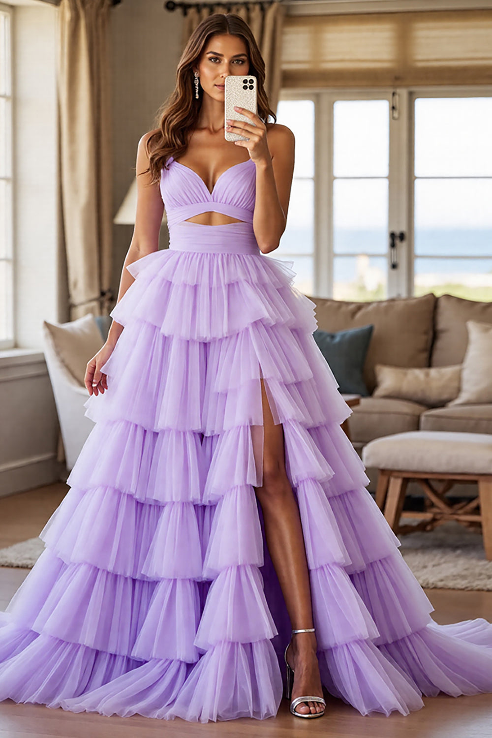 Purple A Line Tiered Tulle Prom Dress With Slit