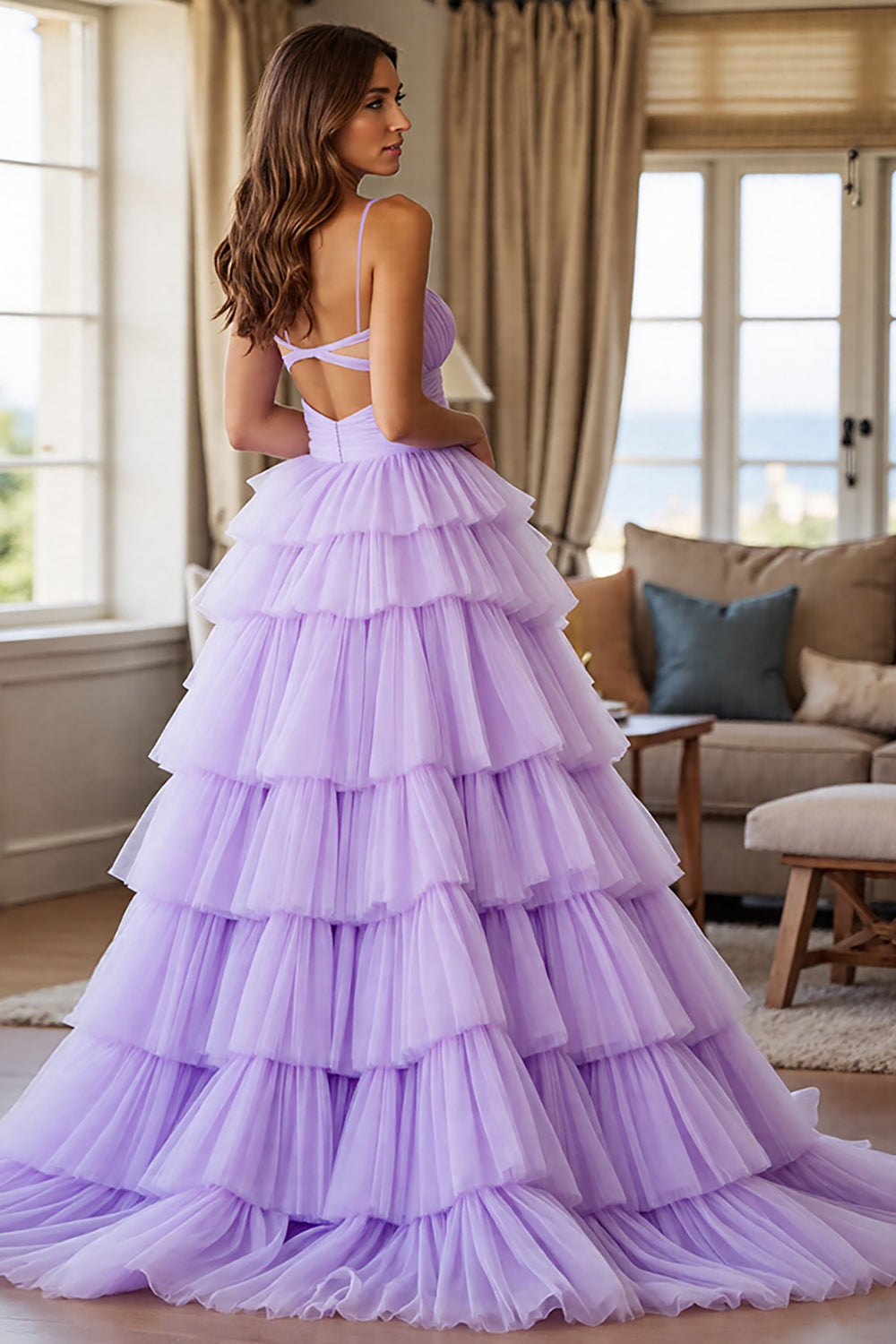 Purple A Line Tiered Tulle Prom Dress With Slit