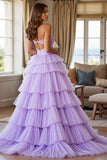 Purple A Line Tiered Tulle Prom Dress With Slit