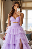 Purple A Line Tiered Tulle Prom Dress With Slit