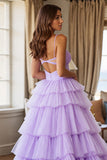 Purple A Line Tiered Tulle Prom Dress With Slit