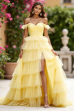 Yellow Off The Shoulder Tiered Long Prom Dress With Slit