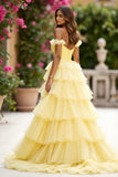 Yellow Off The Shoulder Tiered Long Prom Dress With Slit