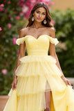 Yellow Off The Shoulder Tiered Long Prom Dress With Slit