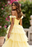 Yellow Off The Shoulder Tiered Long Prom Dress With Slit