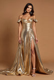 Golden Off The Shoulder A Line Prom Dress With Slit