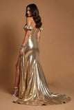 Golden Off The Shoulder A Line Prom Dress With Slit
