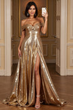 Golden A Line Metallic Long Prom Dress with Slit