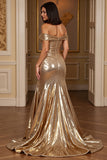 Golden A Line Metallic Long Prom Dress with Slit