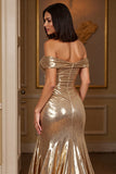 Golden A Line Metallic Long Prom Dress with Slit